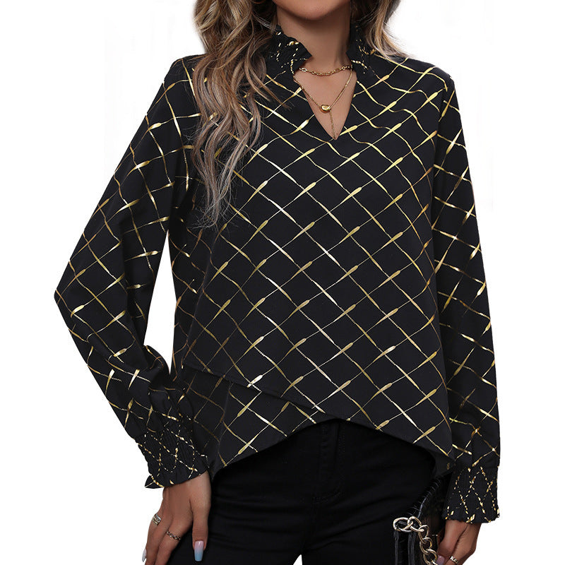 Women's Elegant Blouse with V-Neck, Shimmering Grid Print and Gathered Cuffs Mune Fashion