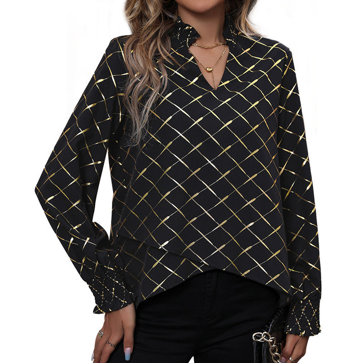 Women's Elegant Blouse with V-Neck, Shimmering Grid Print and Gathered Cuffs Mune Fashion
