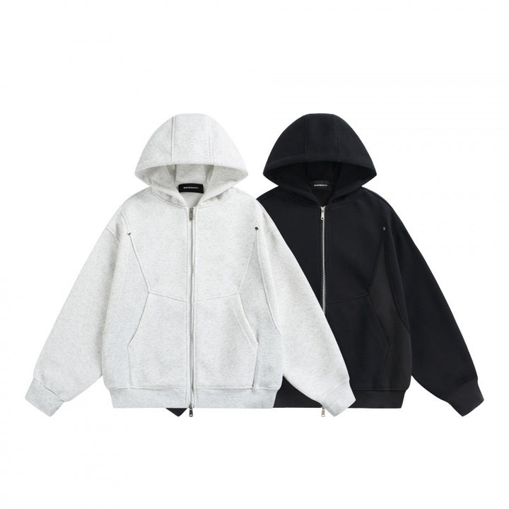 Unisex Boxy Hoodie Jacket with Two-Way Zipper and Geometric Seam Details Mune Fashion