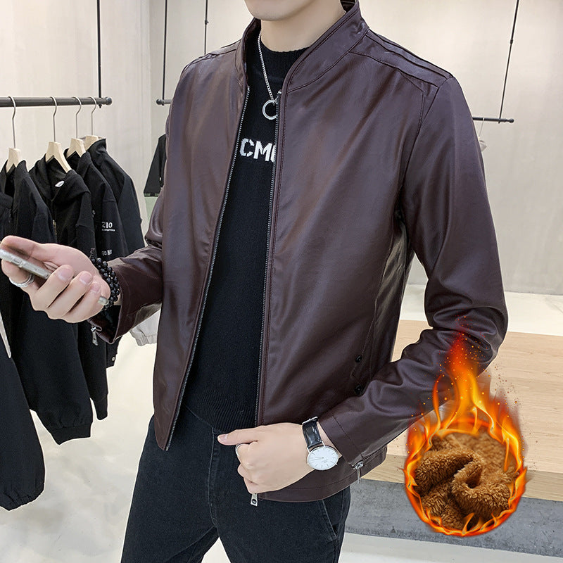 Men's Faux Leather Motorcycle Jacket with Teddy Lining and Stand-Up Collar Mune Fashion
