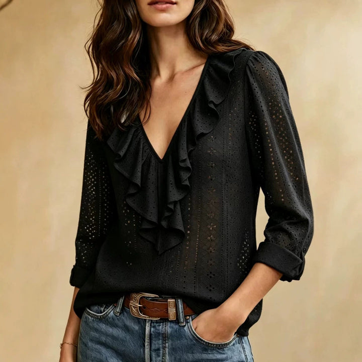 Ladies airy lace blouse with V-neck and ruffle Mune Fashion