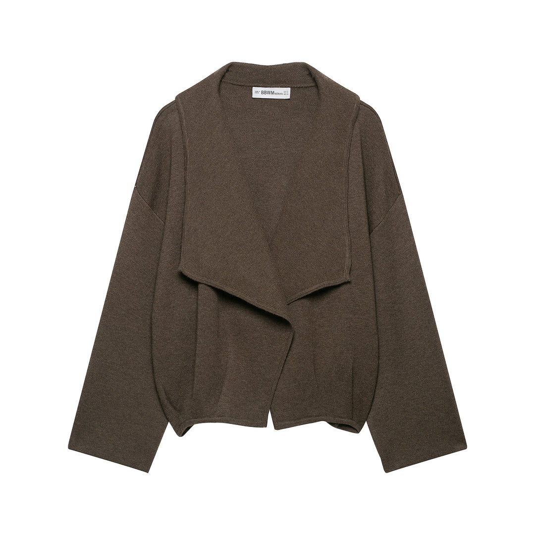Women's short cut open wool blend cardigan with large shawl collar and boxy cropped silhouette Mune Fashion