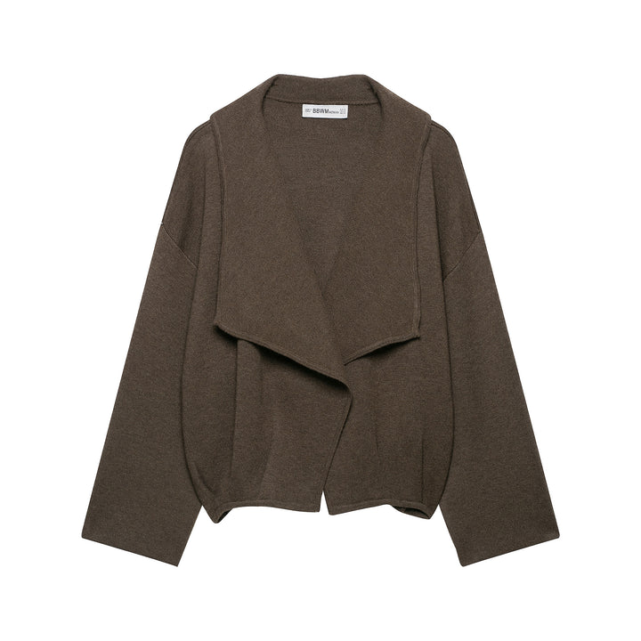 Women's short cut open wool blend cardigan with large shawl collar and boxy cropped silhouette Mune Fashion