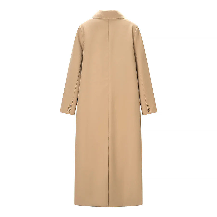Women's longer tailored wool blend coat with lapel collar, patch pockets, and full button placket Mune Fashion