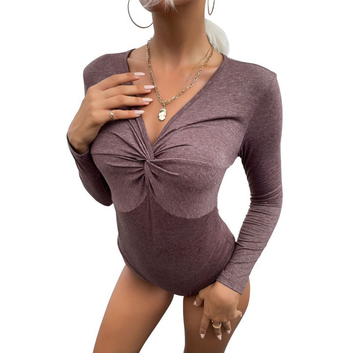 Women Tailored Long Sleeve Bodysuit with Twist Detail and Shaped Bust Seam Mune Fashion
