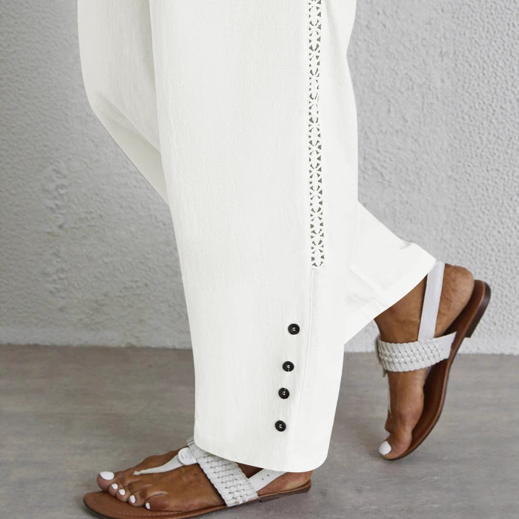 Women's Light Palazzo Pants with Elastic Waistband, Drawstring and Decorative Button Detail Mune Fashion