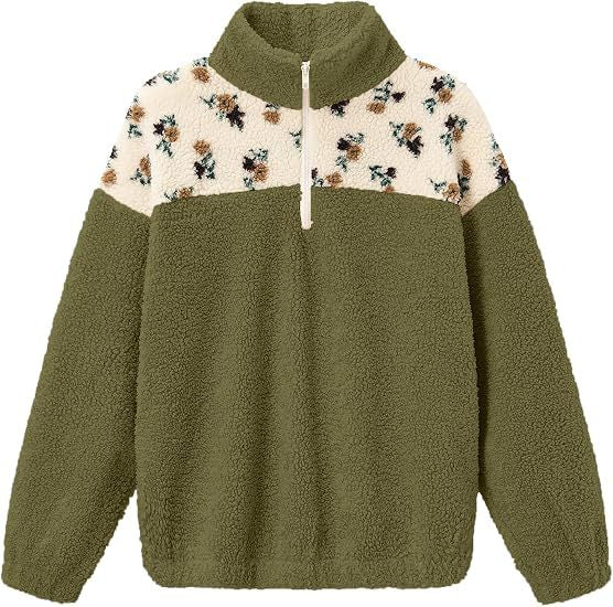 Women Teddy Fleece Pullover with Stand-up Collar, Floral Trim and Half Zipper Mune Fashion
