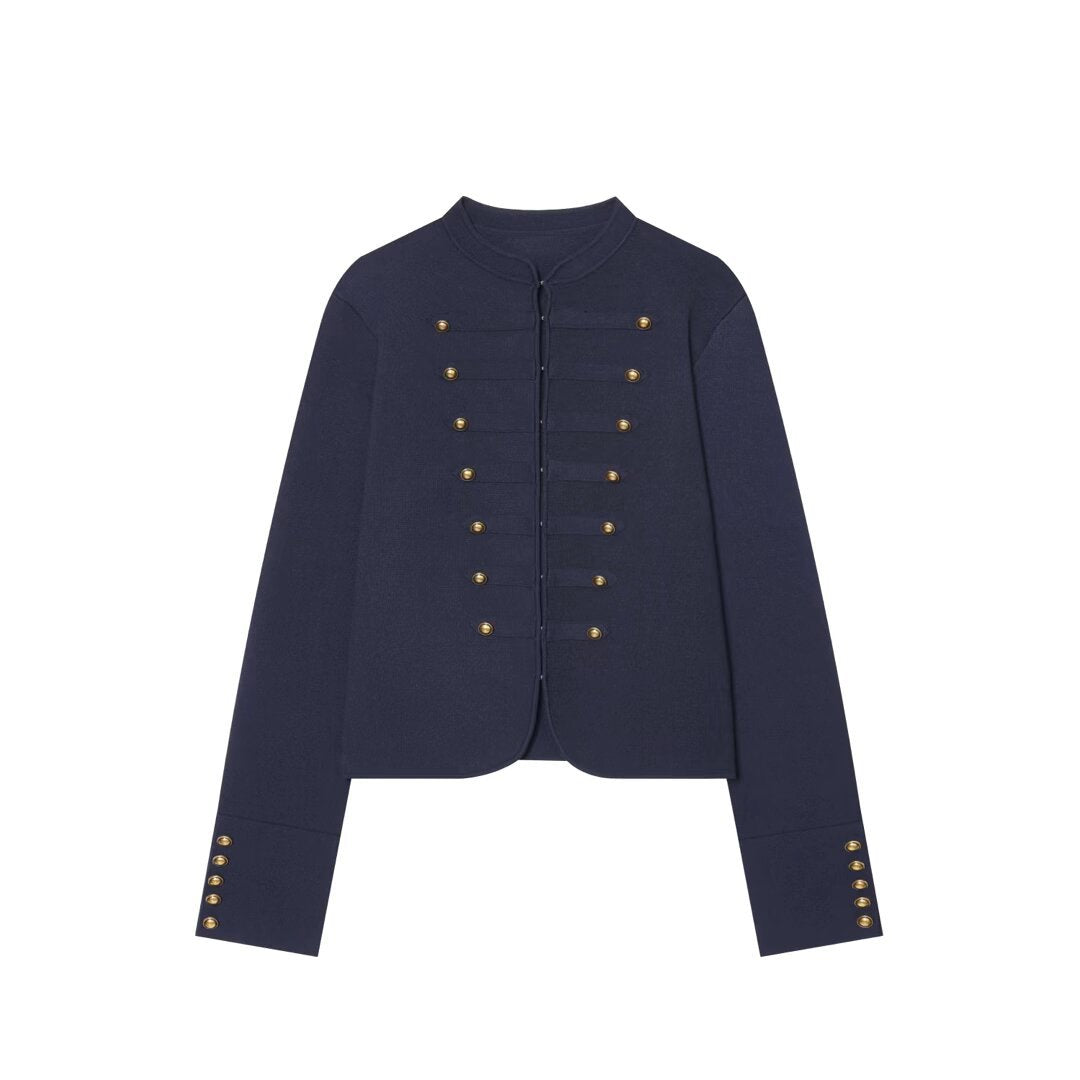 Women's short textured shacket jacket with stand-up collar, decorative row buttons and extended cuffs Mune Fashion