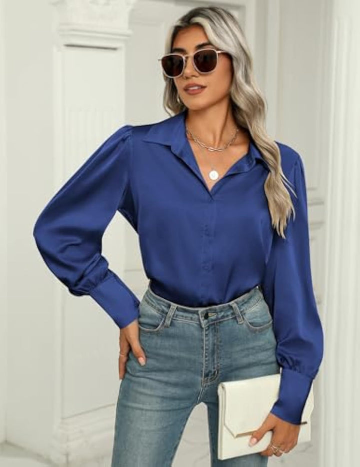 Women's silk look blouse with shirt collar, concealed button placket and long cuffs Drune