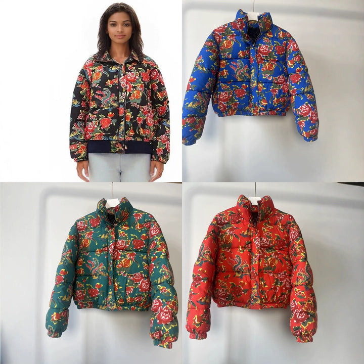 Women's Quilted Padded Short Jacket with Floral Allover Print and Stand-Up Collar Mune Fashion