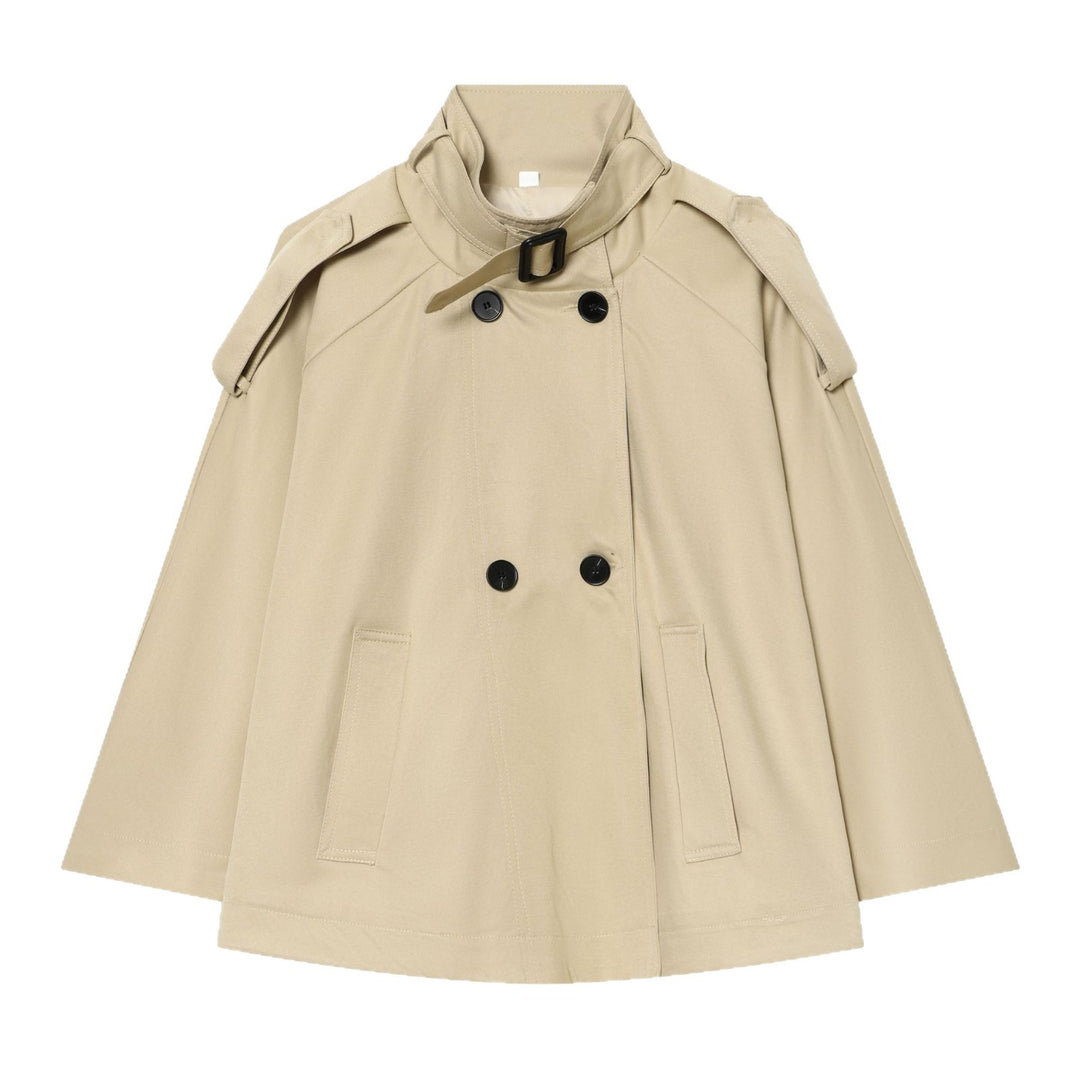Women's Short Trench Cape with Double-Breasted, Funnel Collar and Shoulder Pads Mune Fashion