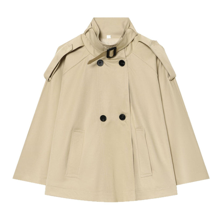 Women's Short Trench Cape with Double-Breasted, Funnel Collar and Shoulder Pads Mune Fashion