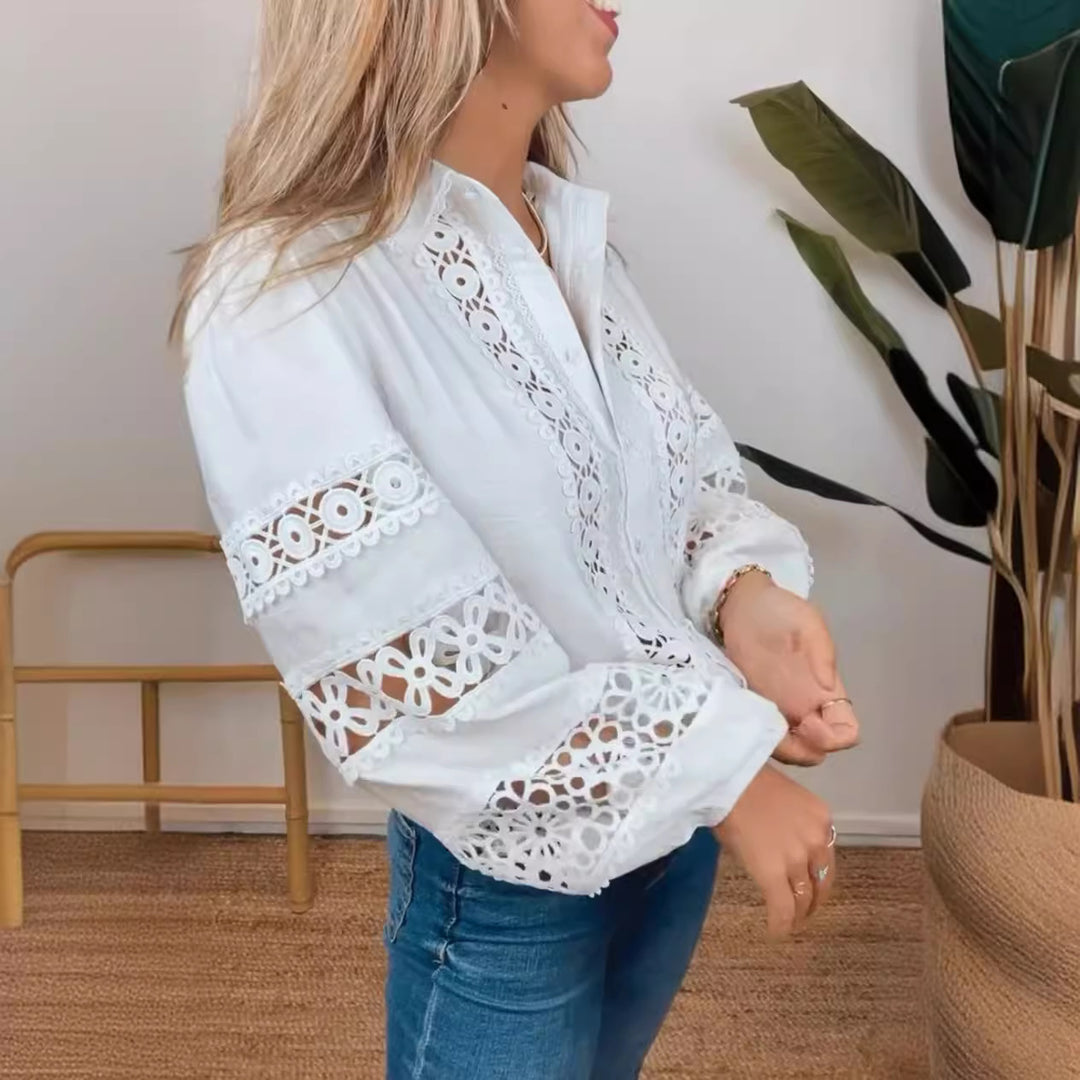 Women's crochet lace blouse with V-neck, perforated embroidery and balloon sleeves Mune Fashion