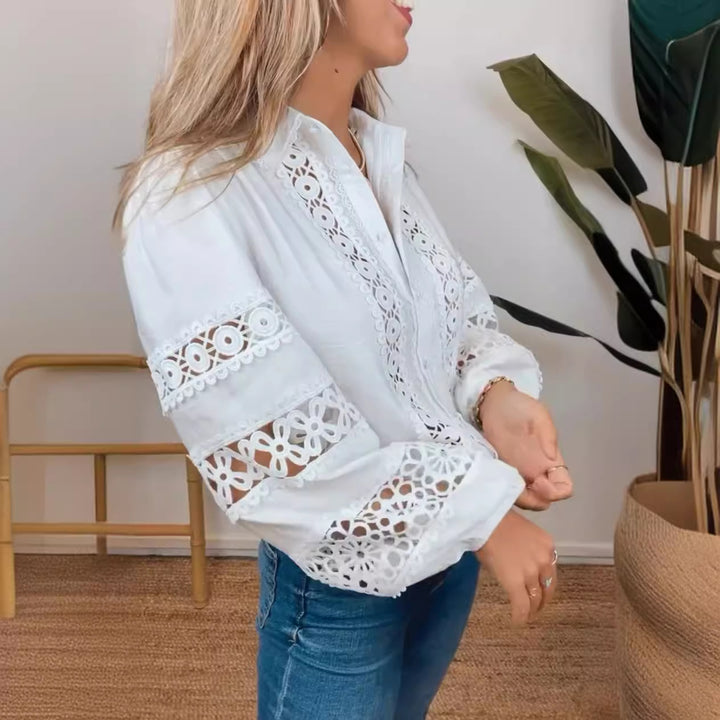 Women's crochet lace blouse with V-neck, perforated embroidery and balloon sleeves Mune Fashion