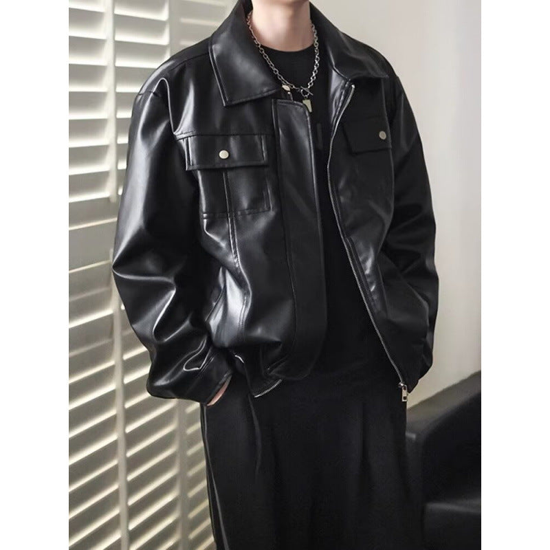 Men's Short Cropped Oversized Faux Leather Utility Jacket with Chest Flaps and Full-Length Zipper Mune Fashion
