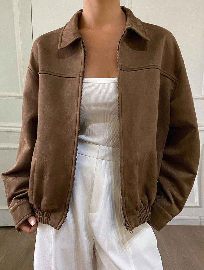 Women Oversized Suede Look Bomber Jacket with Zip and Elastic Hem Drune