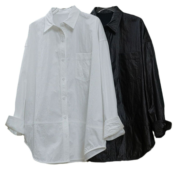 Women's Oversized Cotton Shirt with Chest Pocket and Curved Hem Mune Fashion