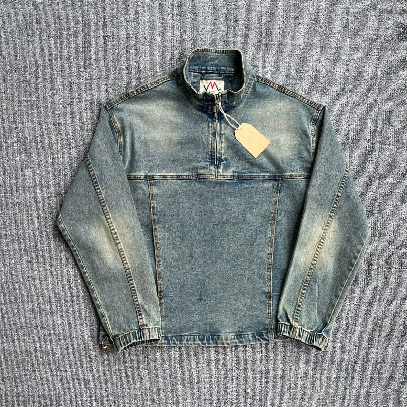 Men's denim pullover jacket in vintage look with half zip and stand-up collar Mune Fashion
