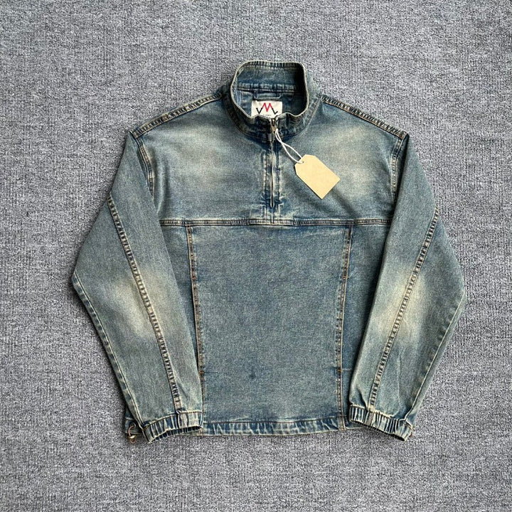 Men's denim pullover jacket in vintage look with half zip and stand-up collar Mune Fashion
