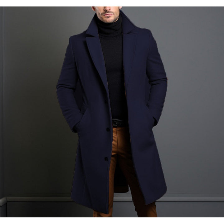 Men's Elegant Single-Breasted Long Coat Made of Wool Blend with Slim Silhouette and Lapel Collar Mune Fashion