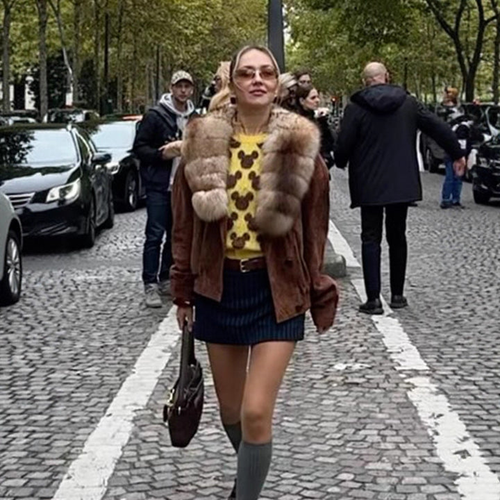Women's suede bomber jacket with voluminous fur scarf and elastic hem Mune Fashion