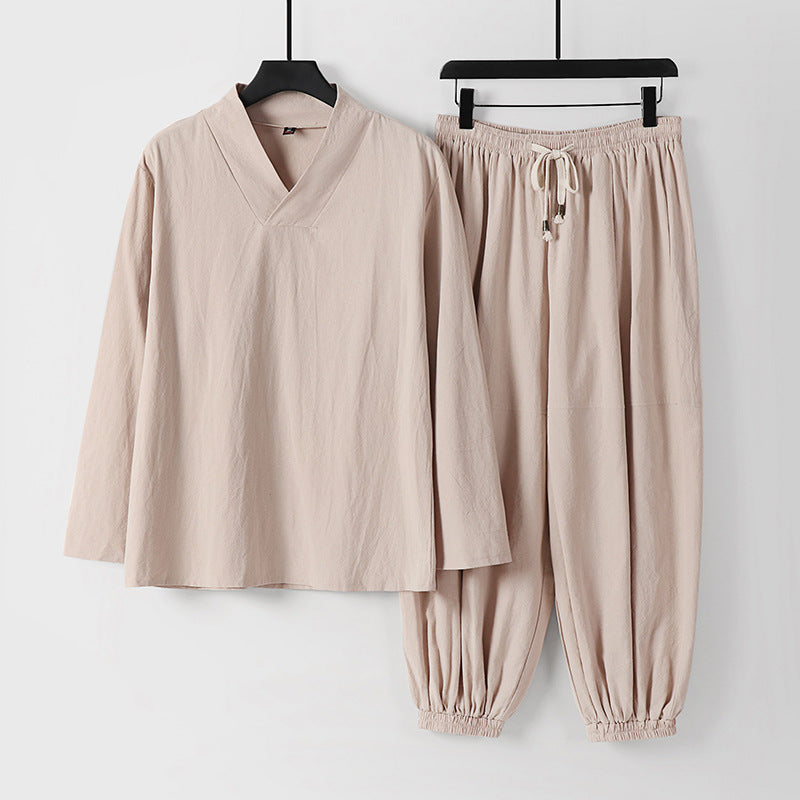 Men's Loose Linen Loungewear Set with V-Neck Elastic Waist and Gathered Ankles Mune Fashion