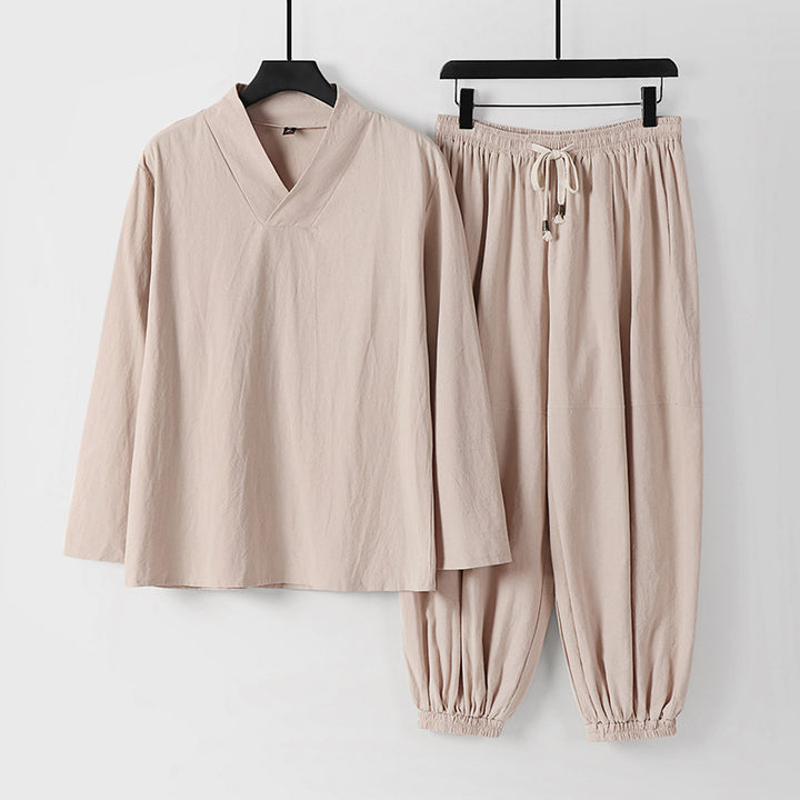Men's Loose Linen Loungewear Set with V-Neck Elastic Waist and Gathered Ankles Mune Fashion