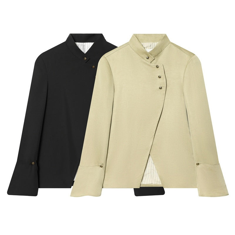 Women's Asymmetric Blouse Jacket with Stand-Up Collar and Flared Cuffs Mune Fashion