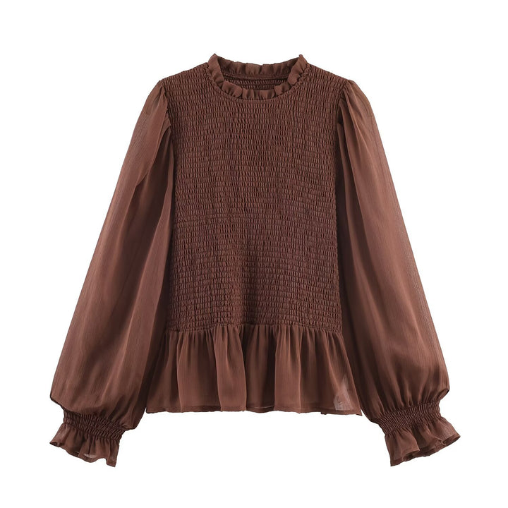 Women's chiffon blouse with smocked bodice, voluminous balloon sleeves, and ruffled collar Mune Fashion
