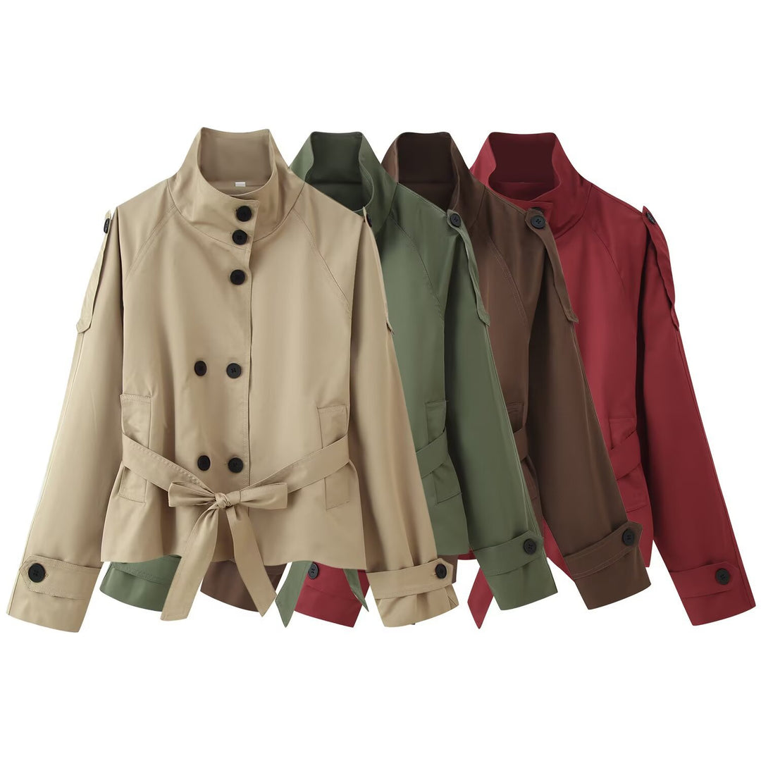 Women's 400+ short fitted trench jacket with stand-up collar, double-breasted button placket and belt Mune Fashion