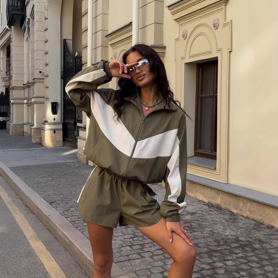 Women's casual athleisure set with windproof short jacket, stand-up collar and elastic high-waist shorts Mune Fashion