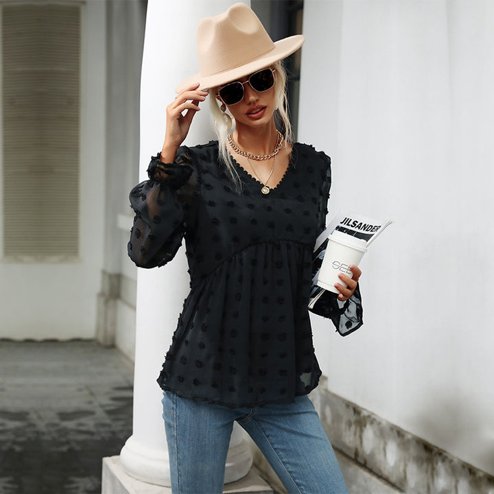 Women's Transparent Chiffon Blouse with V-Neck, Raised Dots Texture and Babydoll Silhouette Mune Fashion