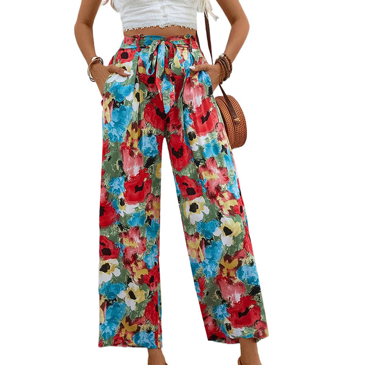 Women's Lightweight High-Waist Marlene Trousers with Floral Watercolor Print, Wide Leg & Tied Belt Mune Fashion