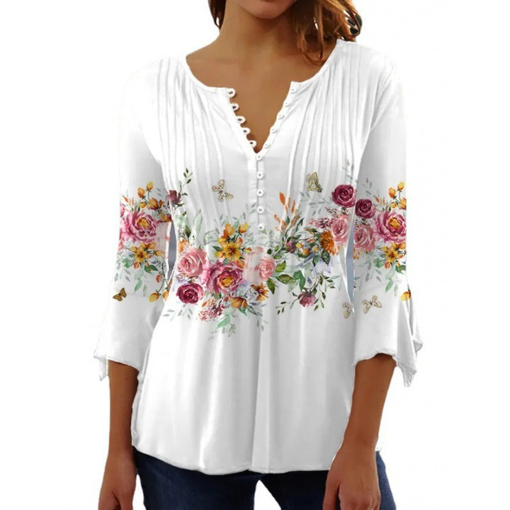 Women's Lightweight Viscose Tunic with V-Neck, Pleating and Floral Border Print Mune Fashion