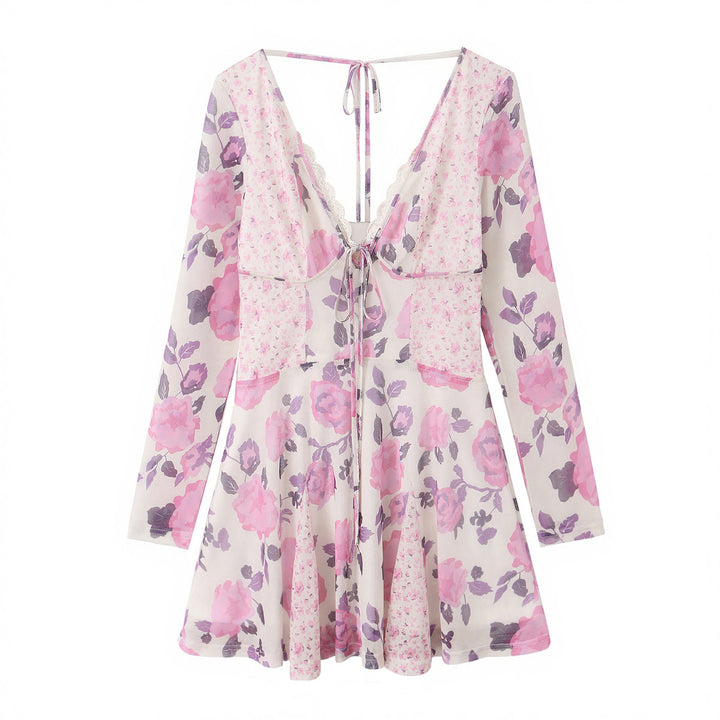 Women nan floral skater dress with deep V-neckline, tie detail and lace trim Mune Fashion