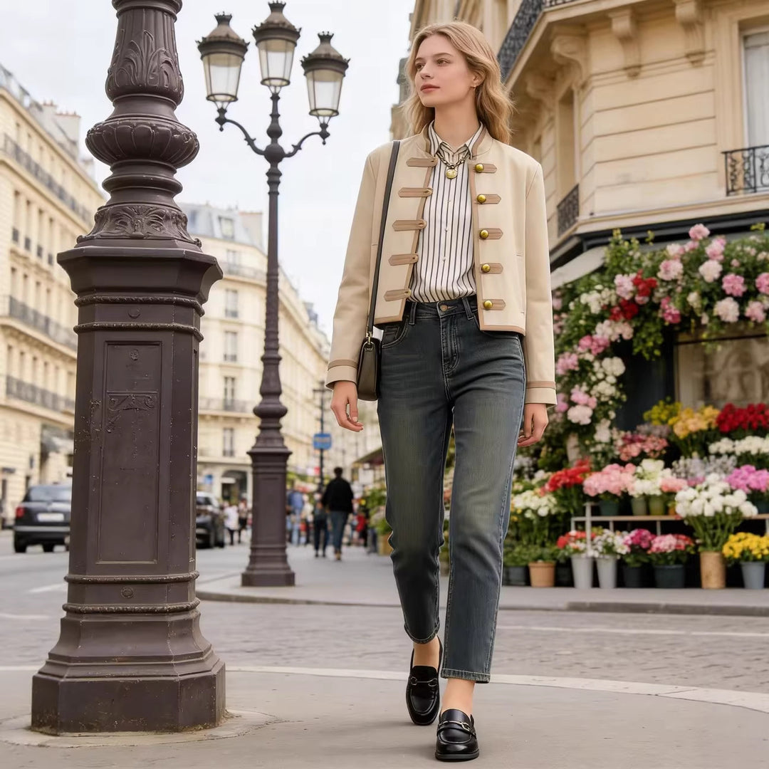 Women Short Military-Inspired Jacket with Stand Collar and Decorative Toggle Closure Mune Fashion