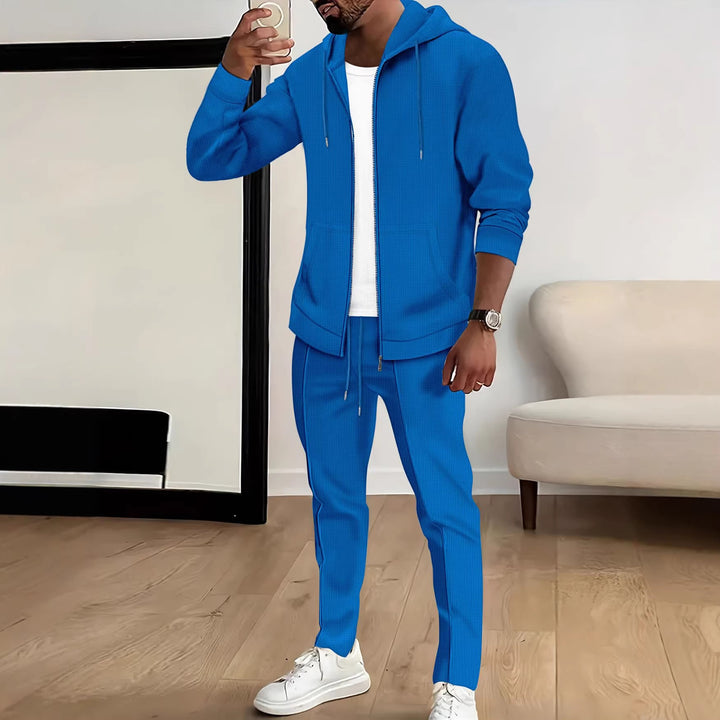 Men's waffle texture tracksuit with hooded zip jacket and tapered jogging pants Mune Fashion