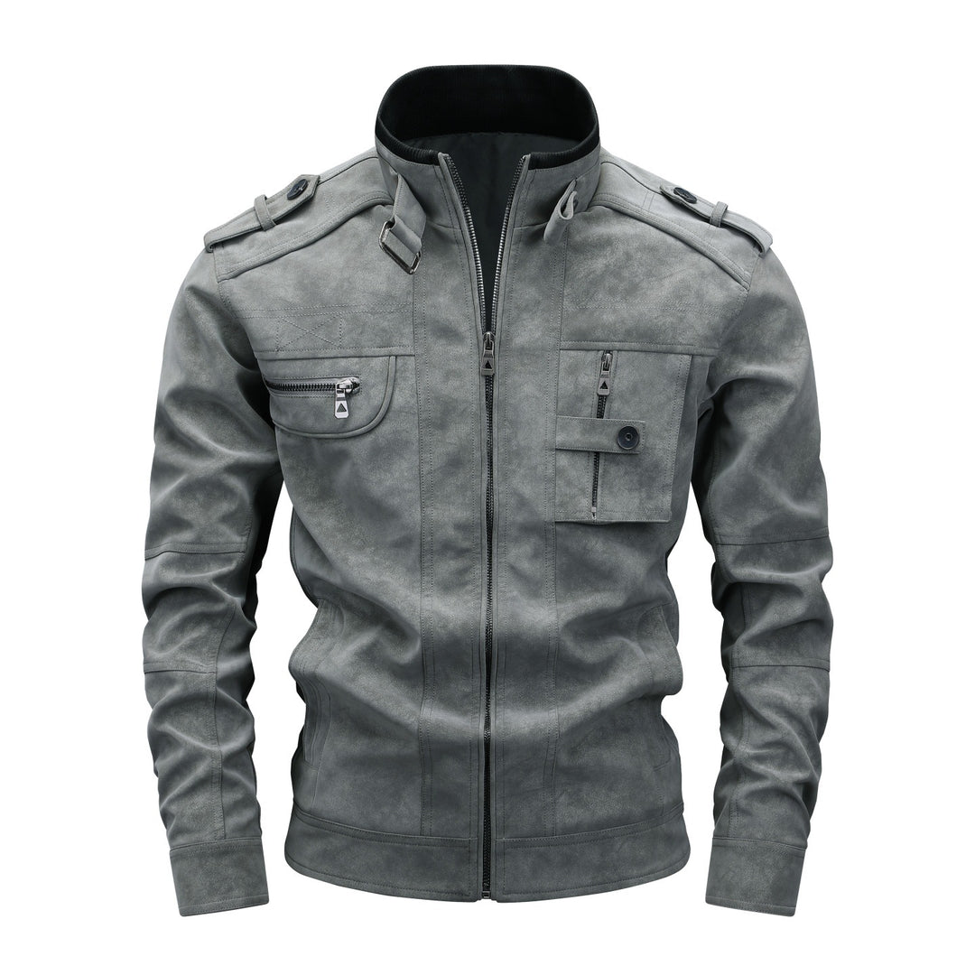 Men's Utility Flight Jacket in Suede Look with Stand Collar, Epaulettes and Multiple Pockets Mune Fashion