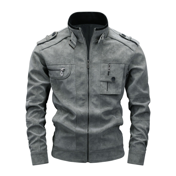 Men's Utility Flight Jacket in Suede Look with Stand Collar, Epaulettes and Multiple Pockets Mune Fashion