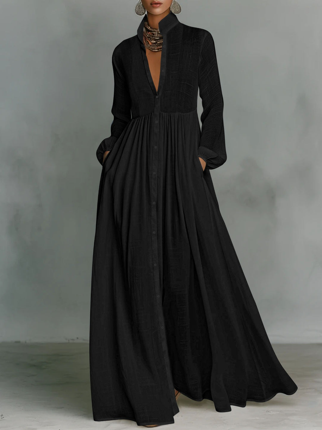 Ladies Maxidress with stand-up collar, continuous button placket, waist-high gathering and side pockets Mune Fashion