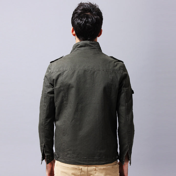 Men's Canvas Field Jacket in Military Utility Style with Epaulettes, Chest Flap Pockets, and Stand Collar Mune Fashion