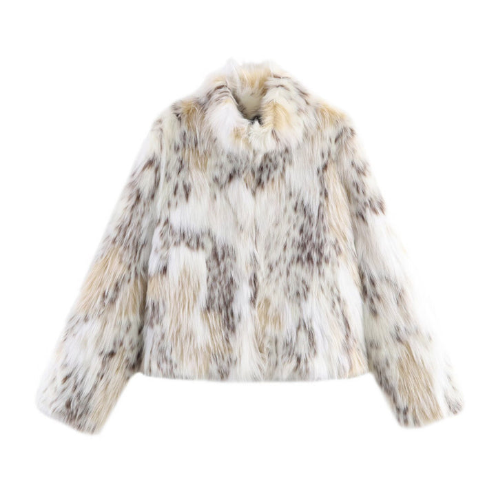 Women Short Cut Faux Fur Jacket with Stand Collar and Voluminous Faux Fur Mune Fashion