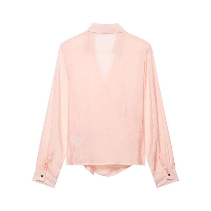 Women's wrap blouse made of silky crepe with draping, deep V-neckline, and gold decorative button Mune Fashion