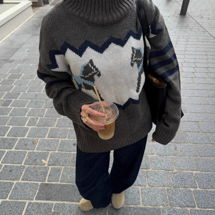Women's Oversize Turtleneck Sweater with Norwegian Intarsia and Ribbed Cuffs Mune Fashion