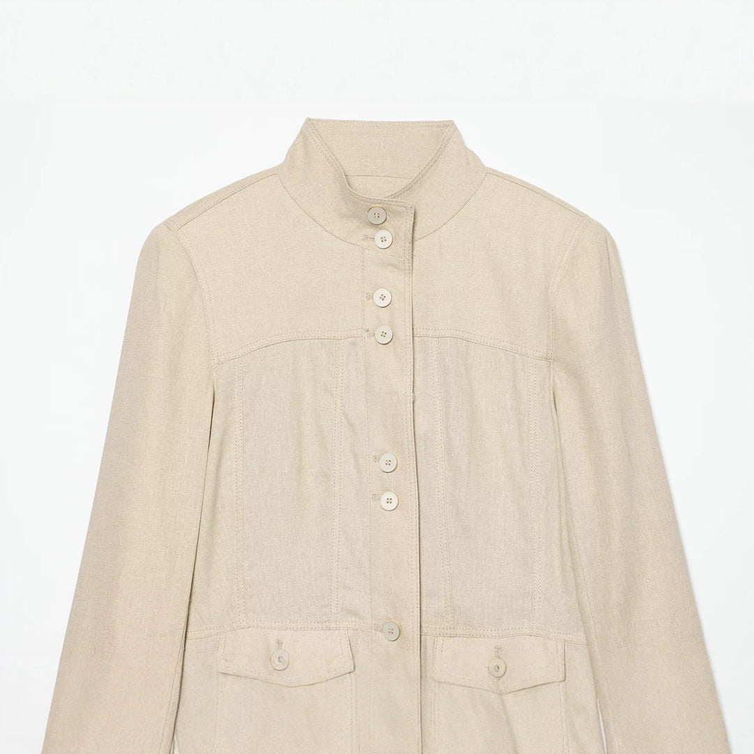 Women's Lightweight Linen-Look Shirt Jacket with Stand Collar, Button Placket and Flared Hem Mune Fashion