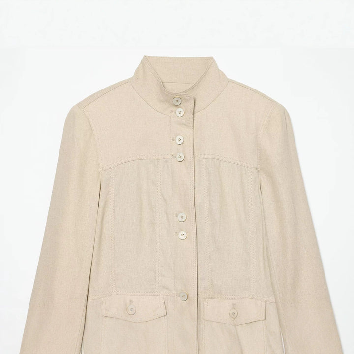 Women's Lightweight Linen-Look Shirt Jacket with Stand Collar, Button Placket and Flared Hem Mune Fashion