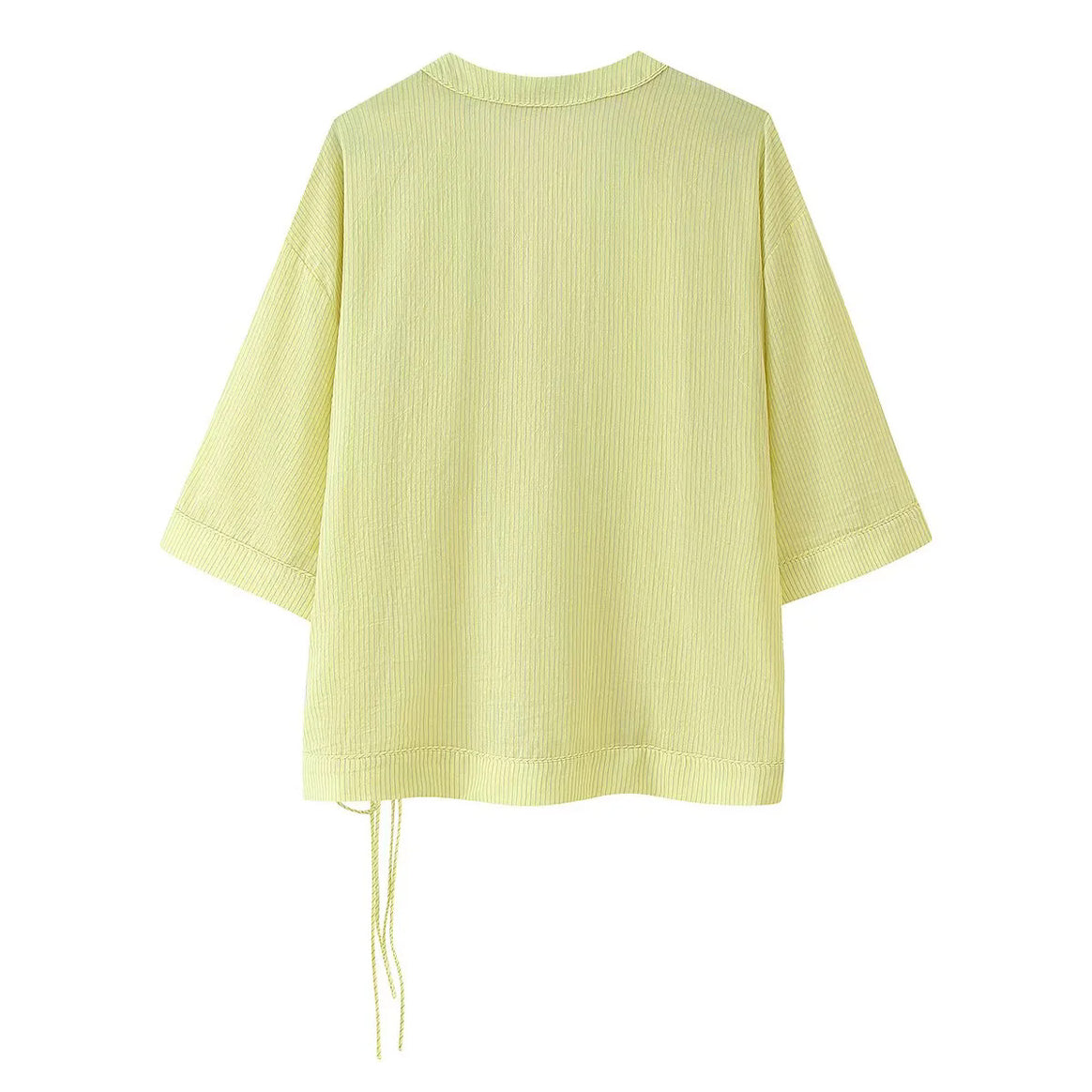 Women's wrap kimono top with three-quarter sleeves, textured crinkle quality and side tie detail Mune Fashion