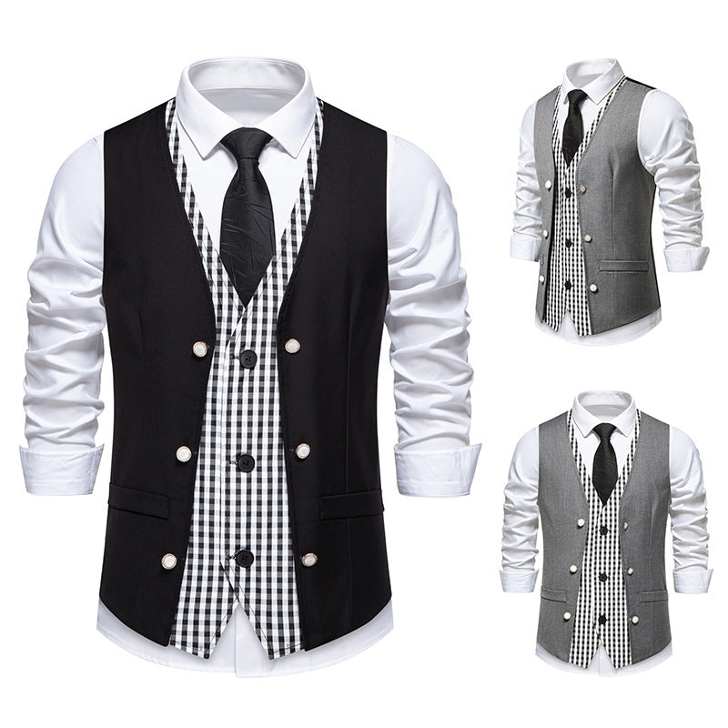 Men's two-piece layered vest with contrasting checkered inner leg and decorative mother-of-pearl buttons Mune Fashion