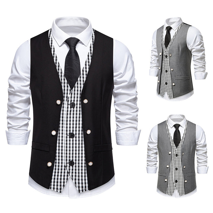 Men's two-piece layered vest with contrasting checkered inner leg and decorative mother-of-pearl buttons Mune Fashion