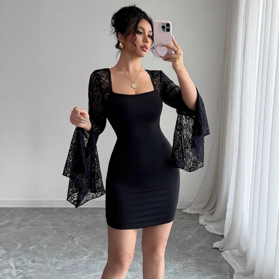 Women's form-fitting mini dress with square neckline and flared lace sleeves Mune Fashion